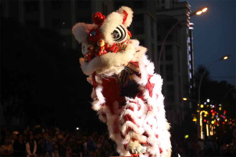舞獅高高躍起、瀟灑飄逸。李昊攝